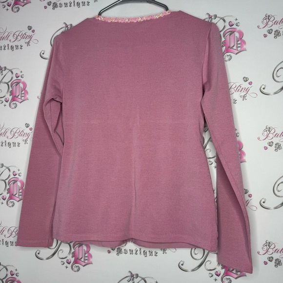 Garlvin blouse long sleeve floral lace cinch sequins stretchy rose blush pink - Picture 2 of 8